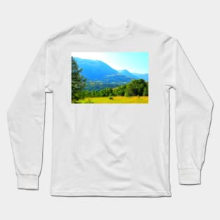 View in Montemonaco at the Sibillini mountains and their crests in the background Long Sleeve T-Shirt